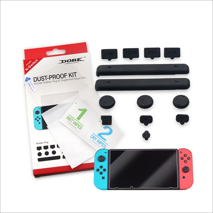 Bộ miếng dán cường lực + núm bọc analog + chắn bụi hãng Dobe cho Nintendo Switch (TNS-862)