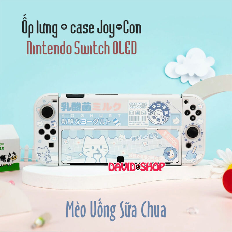 GEEKSHARE - Ốp lưng + case Joy-Con cứng chủ đề Mèo Uống Sữa Chua cao cấp cho Nintendo Switch OLED
